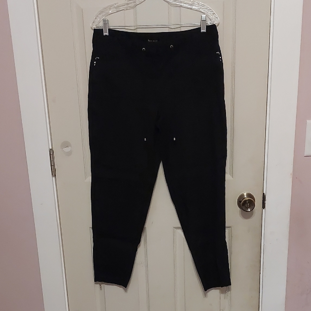 White House Black Market Black Cropped Ankle Pants Stretch Linen Blend Size 10
